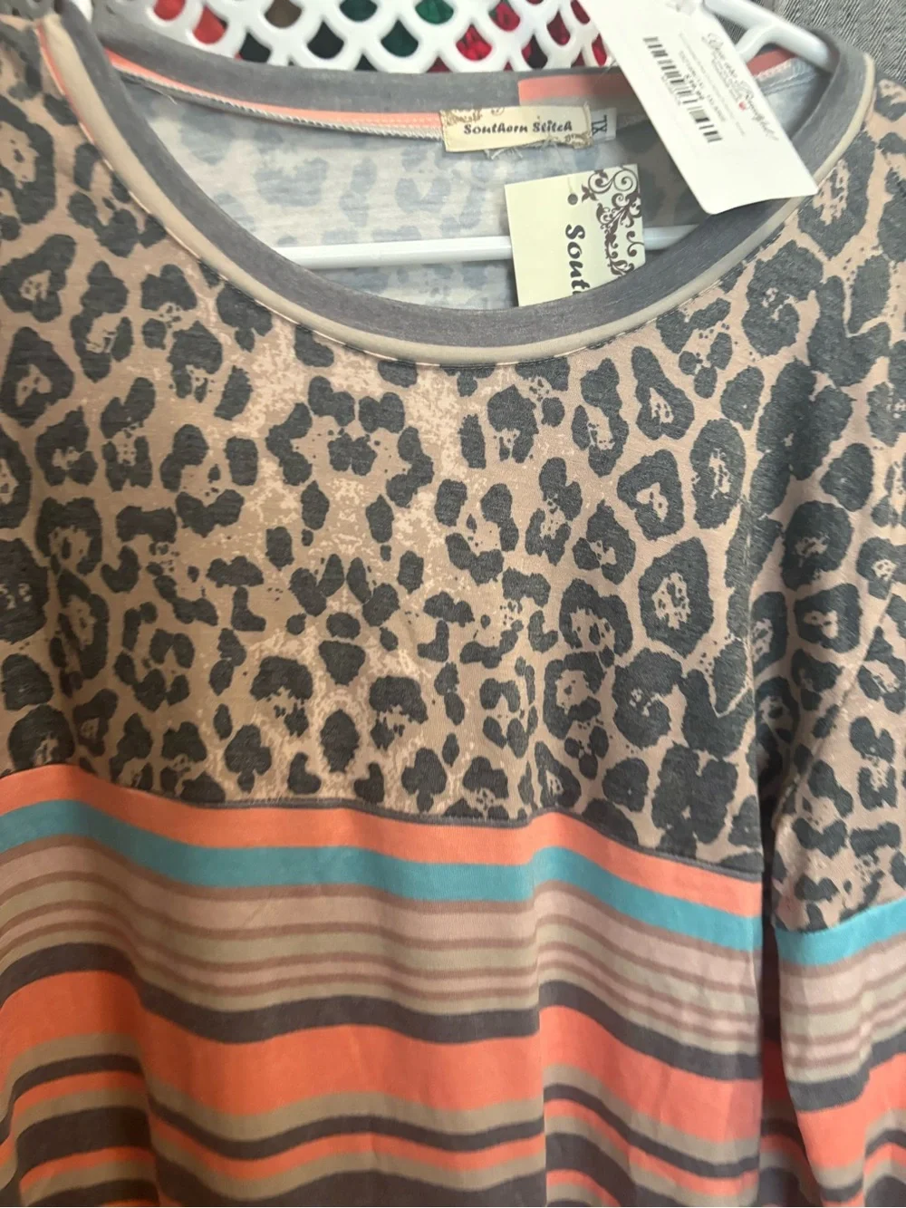 Ladies new Striped & Leopard Print Long Sleeve Pullover - Coral/Turquoise/Gray
